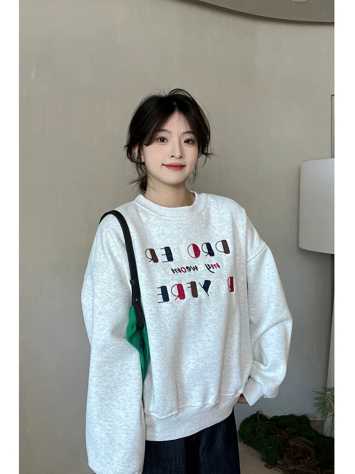 baby绒彩色字母刺绣卫衣2024秋冬新款韩版女长袖加绒圆领套头上衣 - Image 3