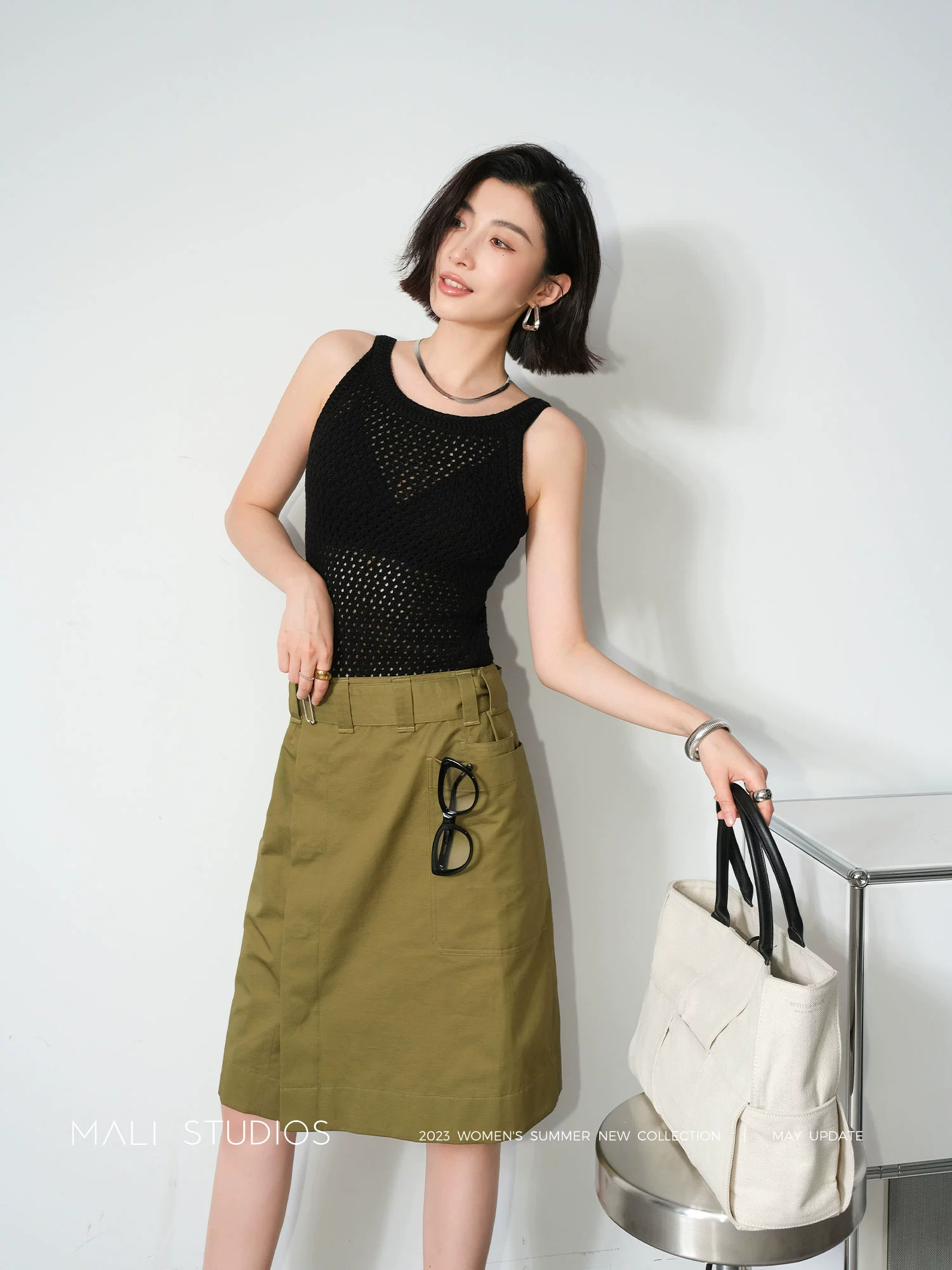 MALI|定制棉麻&醋酸羊毛混纺_L*MAIR*风一片式大口袋工装半身裙 - Image 3