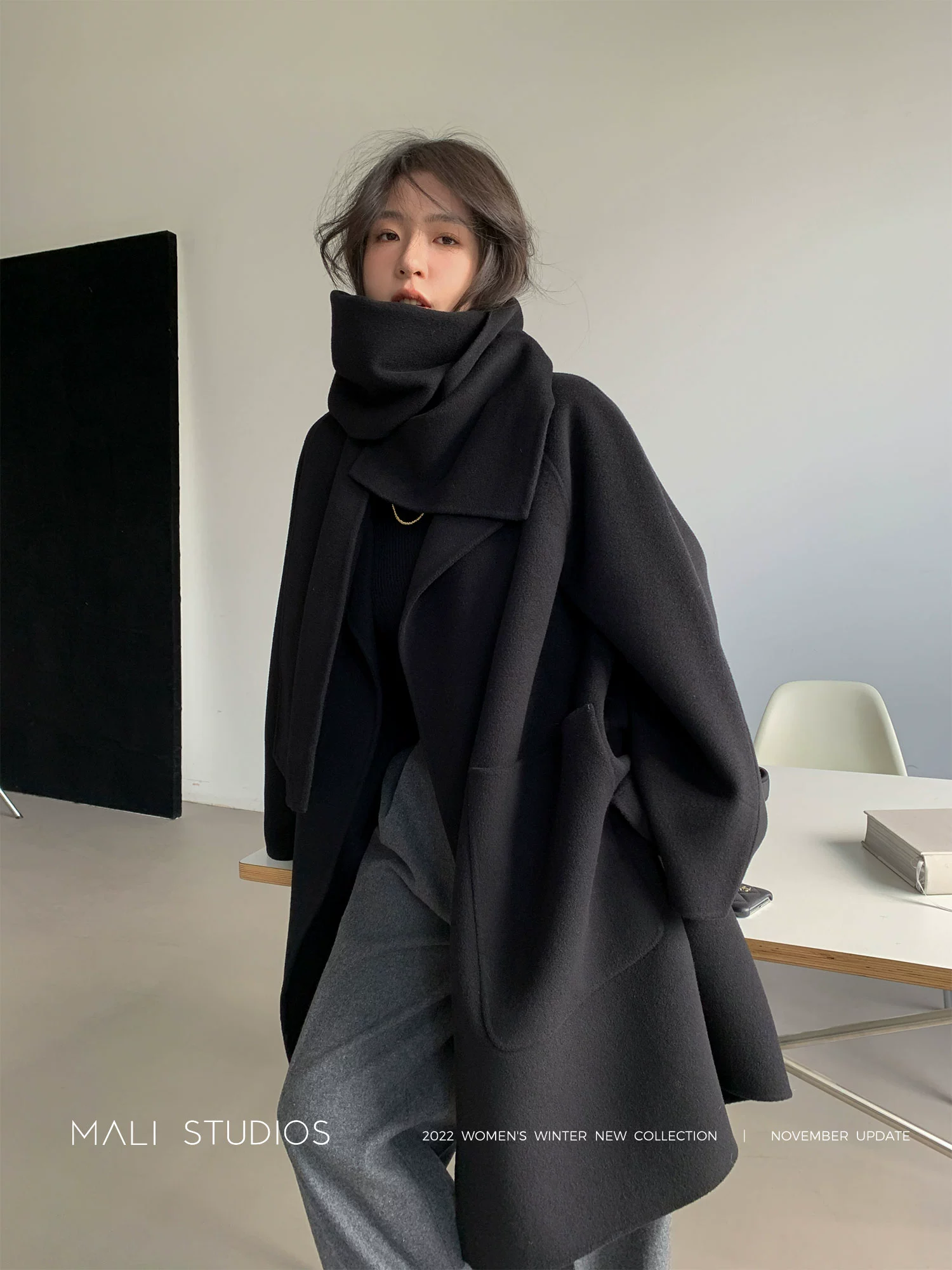 MALI|私服INS博主款_TOT*M*风双面呢围巾斗篷大衣 - Image 4