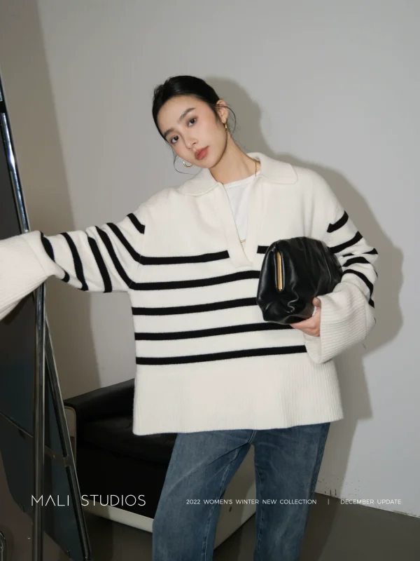 MALI|INS风法式条纹_超宽廓形POLO领时髦慵懒毛衣