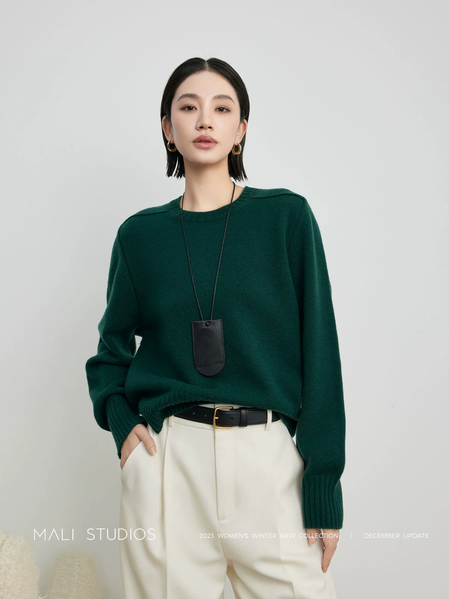 MALI|经典羊绒羊毛软糯温暖_宽松百搭直角肩圆领套头毛衣 - Image 2