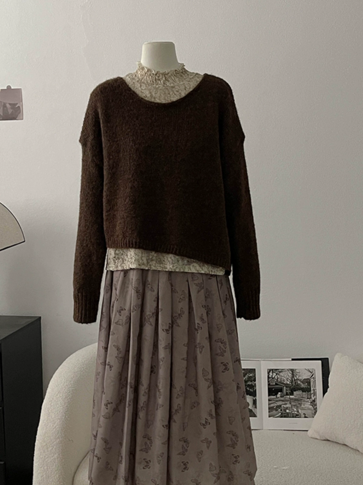 休闲百搭纯色针织衫2024秋季新款韩版女装木耳边打底衫碎花半身裙