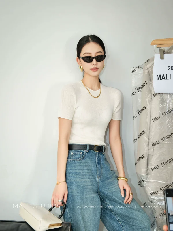 MALI2023春秋新款圆领紧身T恤经典微透打底衫内搭上衣