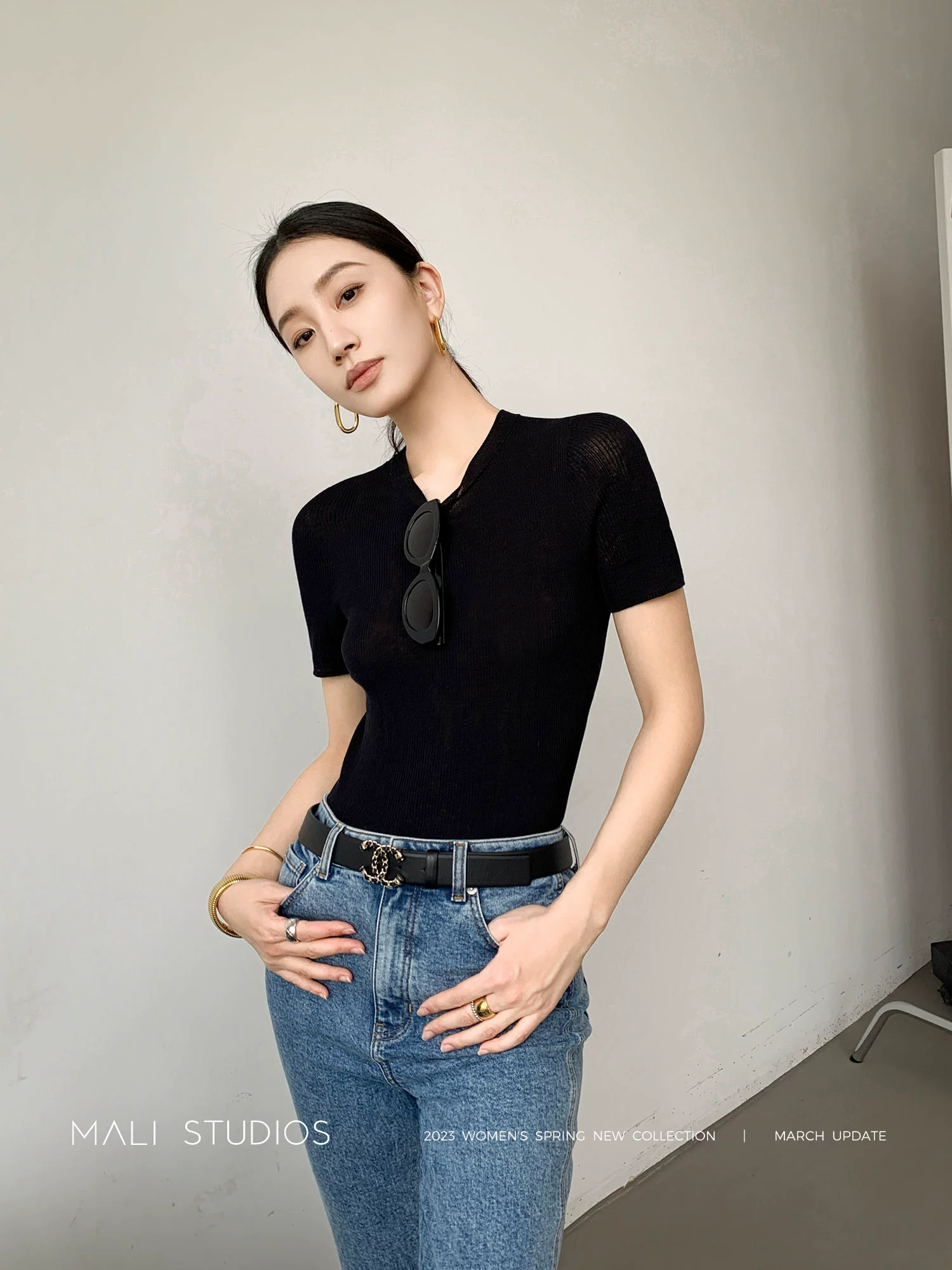 MALI2023春秋新款圆领紧身T恤经典微透打底衫内搭上衣 - Image 4