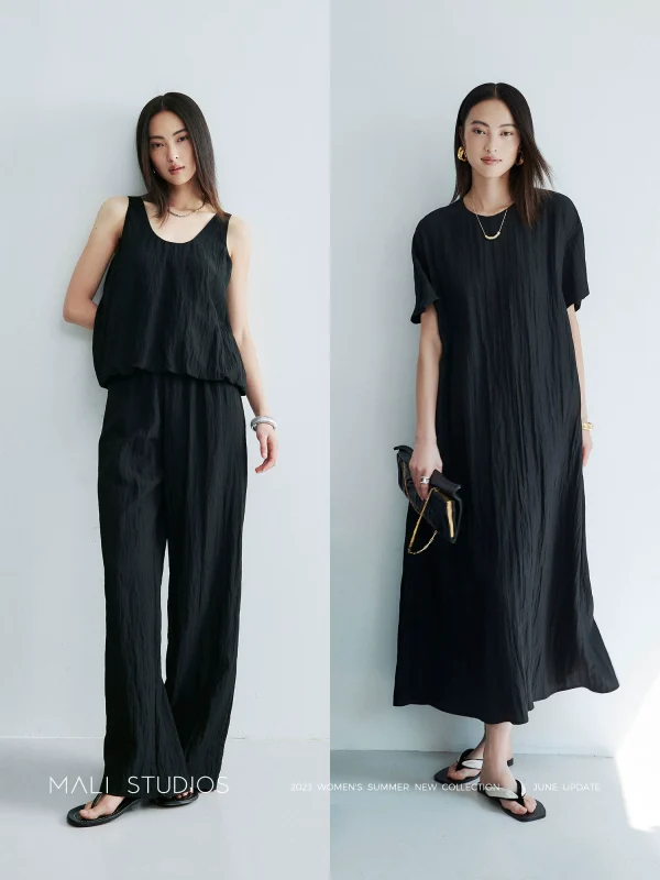 MALI｜微皱肌理感面料_清凉舒适極简泡泡无袖背心空气裤连衣裙