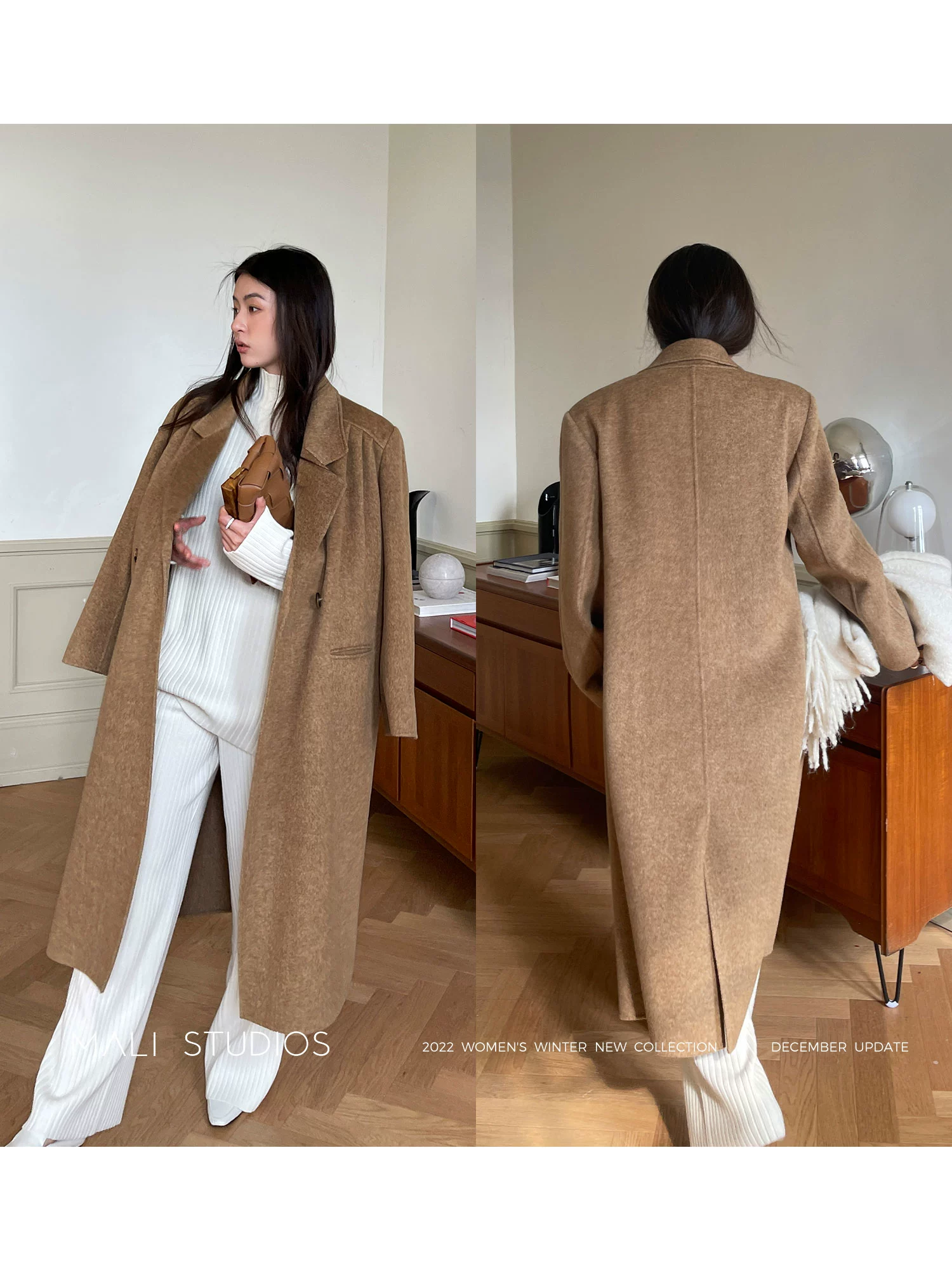 MALI|90年代VTG时髦宽肩_全羊毛双面呢压褶直身大衣 - Image 4