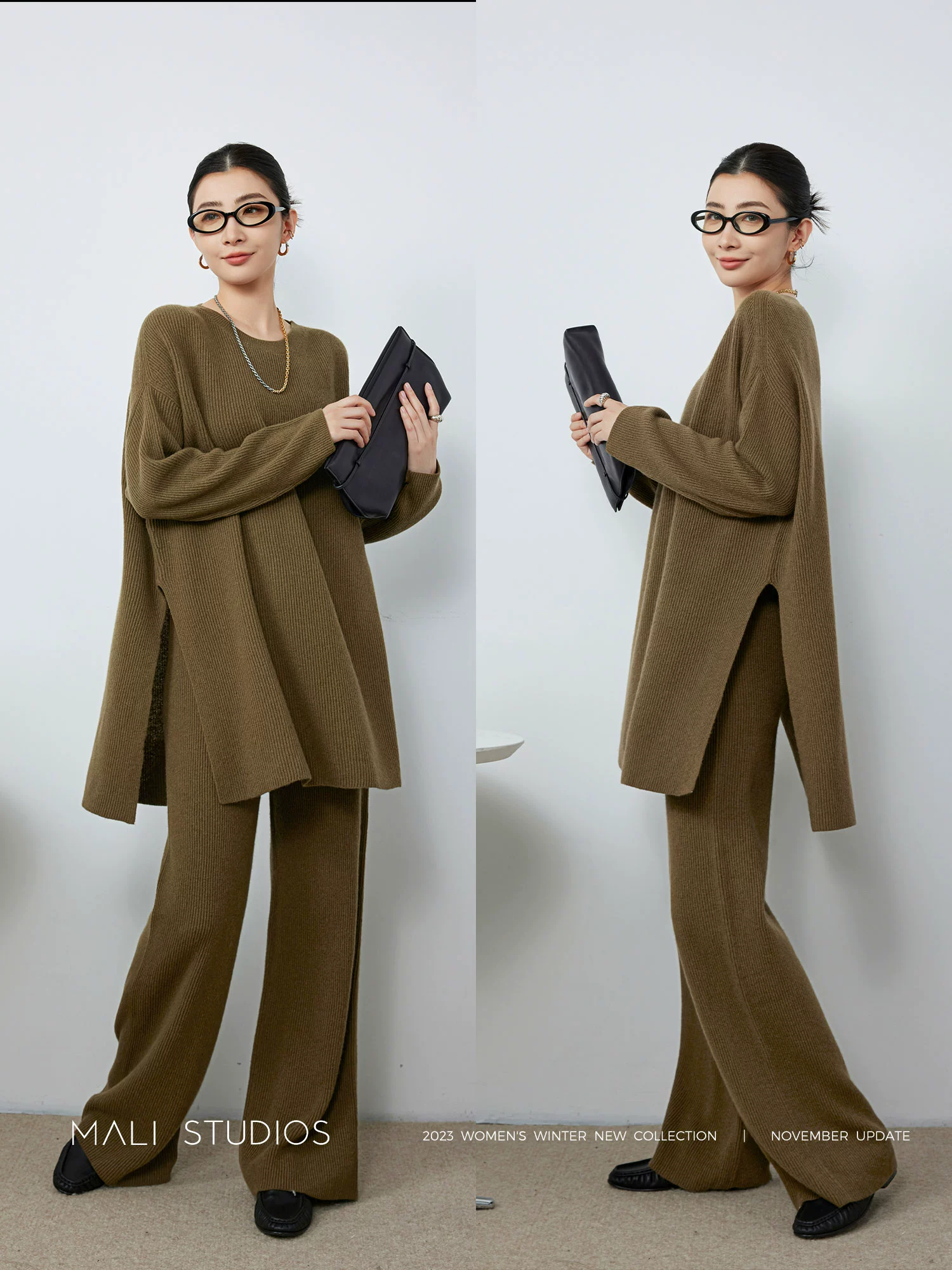 MALI|高克重加厚羊绒羊毛_时髦慵懒黄金开叉極简坑条纸片人套装 - Image 2