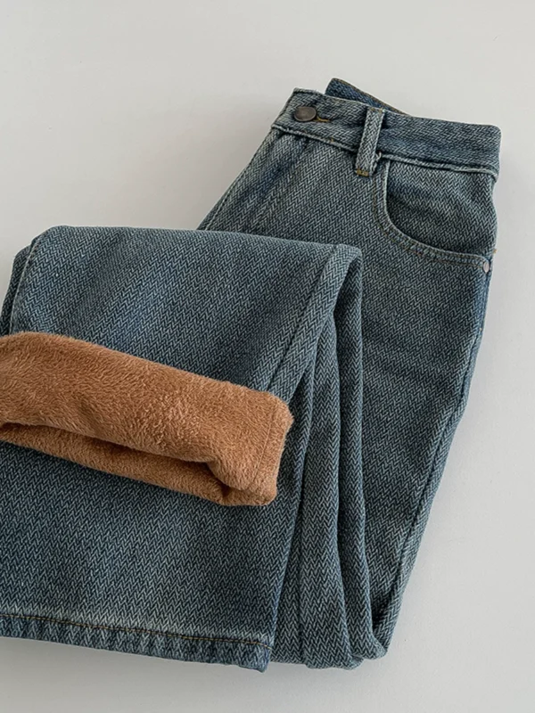 加绒加厚波纹牛仔裤女装2024冬季新款韩版高腰宽松宽松阔腿长裤子