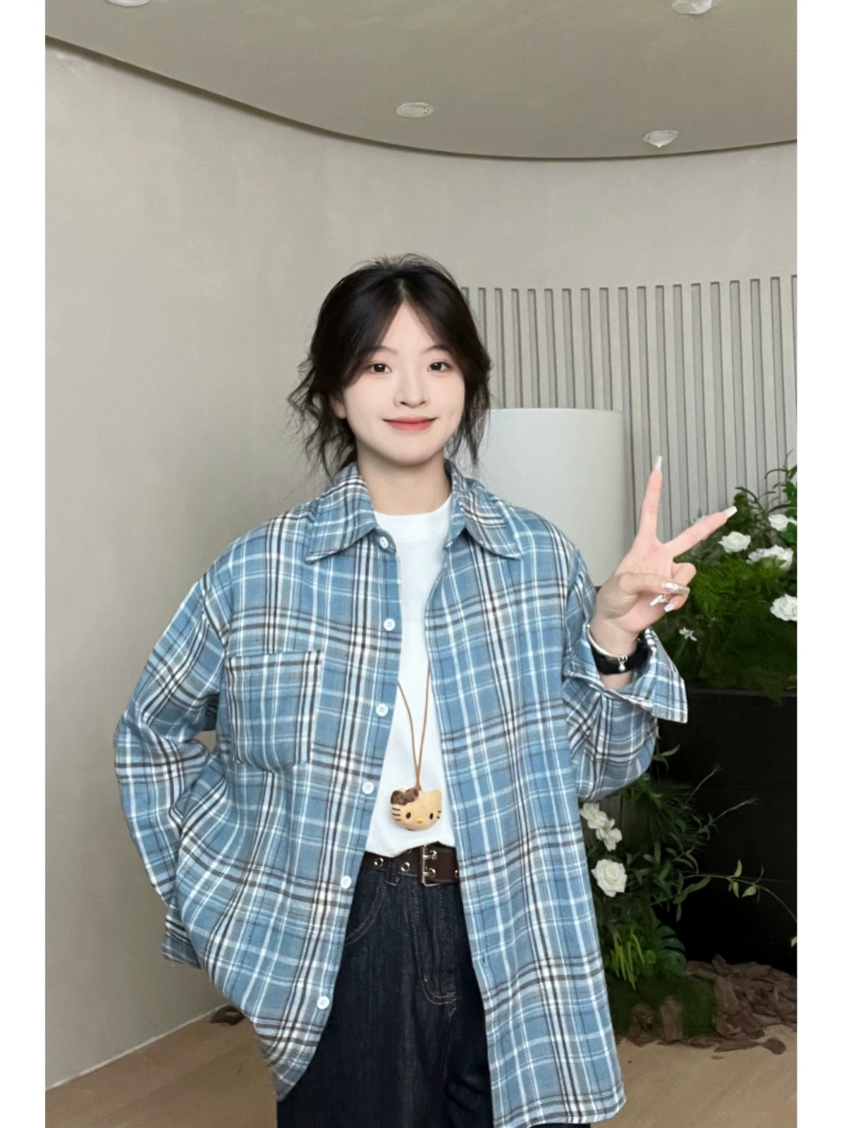 时尚休闲多色格子翻领衬衫2024秋季新款韩版女装撞色男友风开衫潮 - Image 3