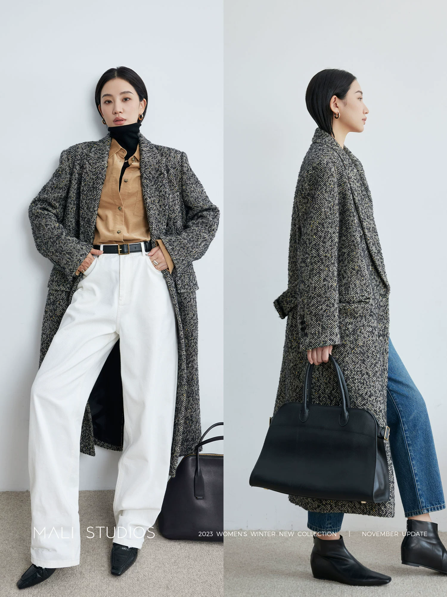 MALI|苏力羊驼绵羊毛长毛人字纹_VTG彩花纱双排扣西装大衣外套 - Image 3