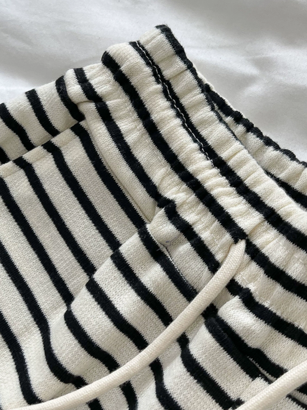 黑白条纹垂感休闲裤2024年夏季新款女装高腰小个子宽松系带阔腿裤 - Image 2