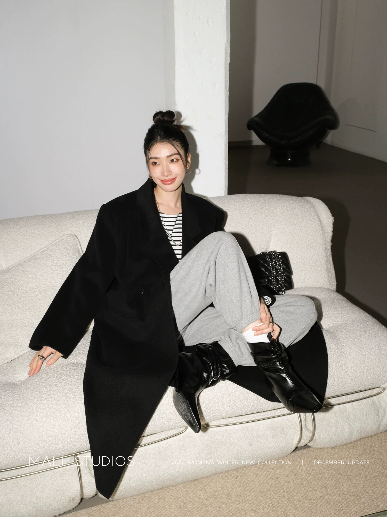 MALI|90年代VTG时髦宽肩_全羊毛双面呢压褶直身大衣 - Image 3