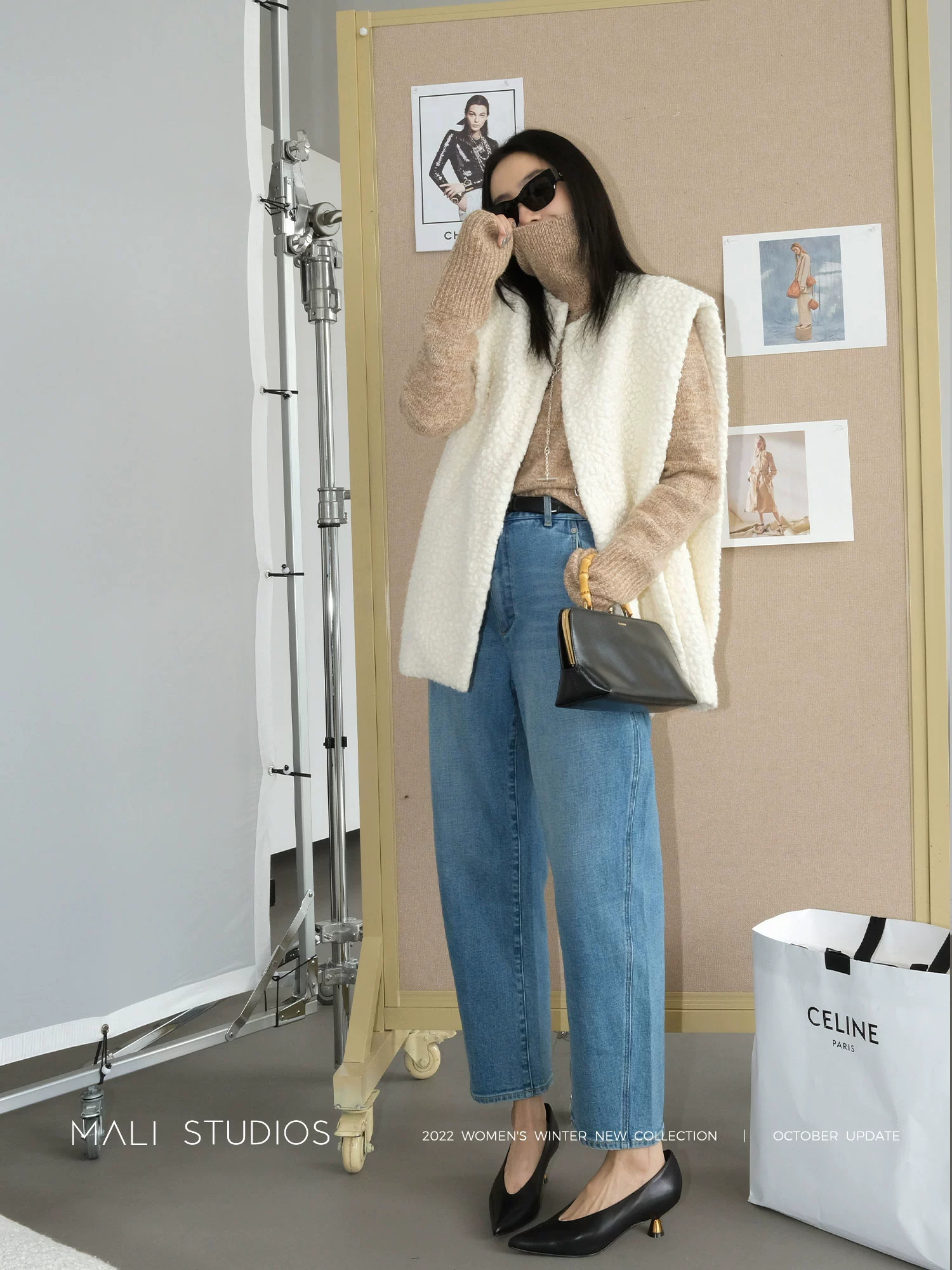 MALI|博主同款 磨毛保暖 显瘦遮肉圆弧扭缝九分牛仔裤 - Image 3