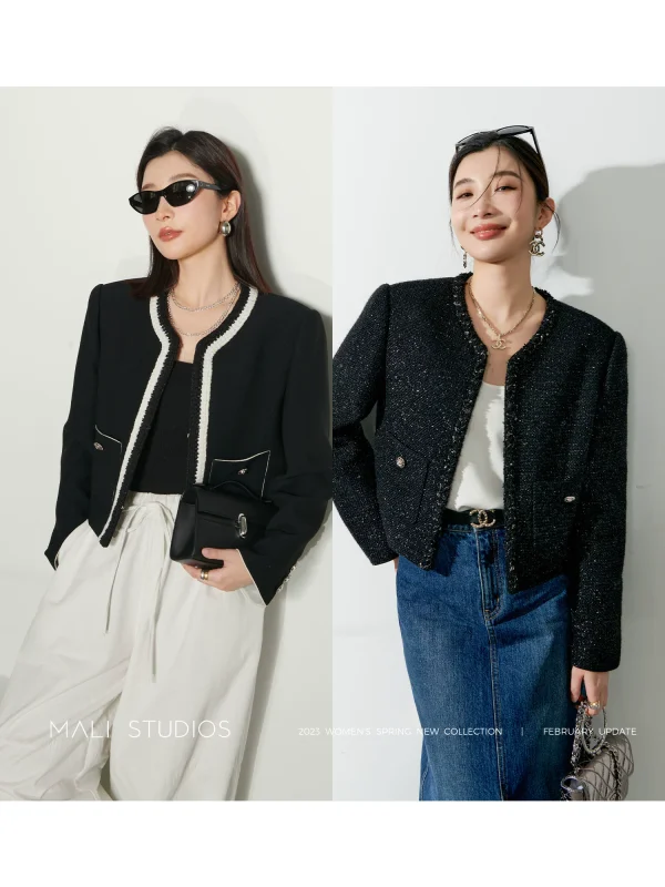 MALI|进口羊毛粗花呢&麻感醋酸_奢华美感编织短款香风外套