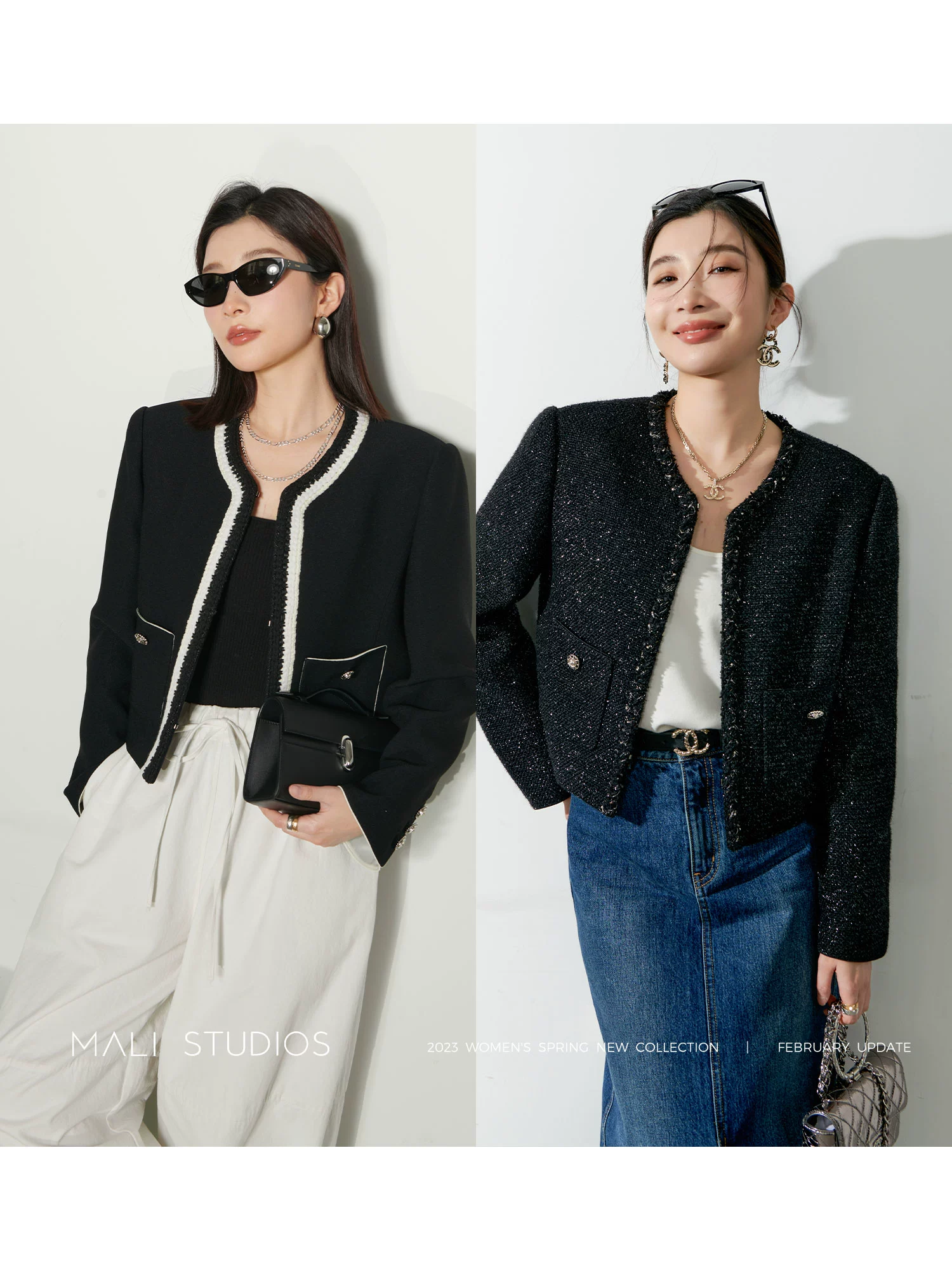 MALI|进口羊毛粗花呢&麻感醋酸_奢华美感编织短款香风外套