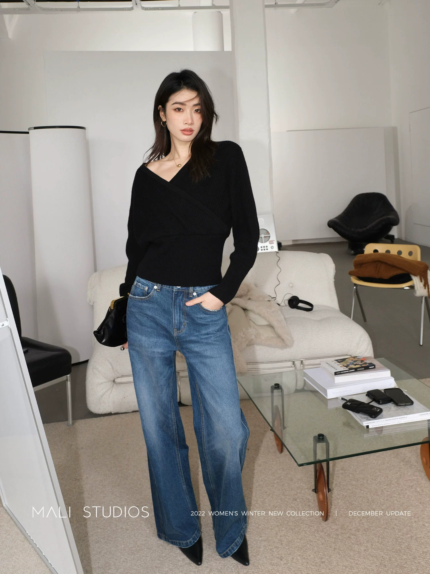 MALI|澳洲18.5um美丽诺羊毛_时髦慵懒叠领收腰显瘦毛衣 - Image 2