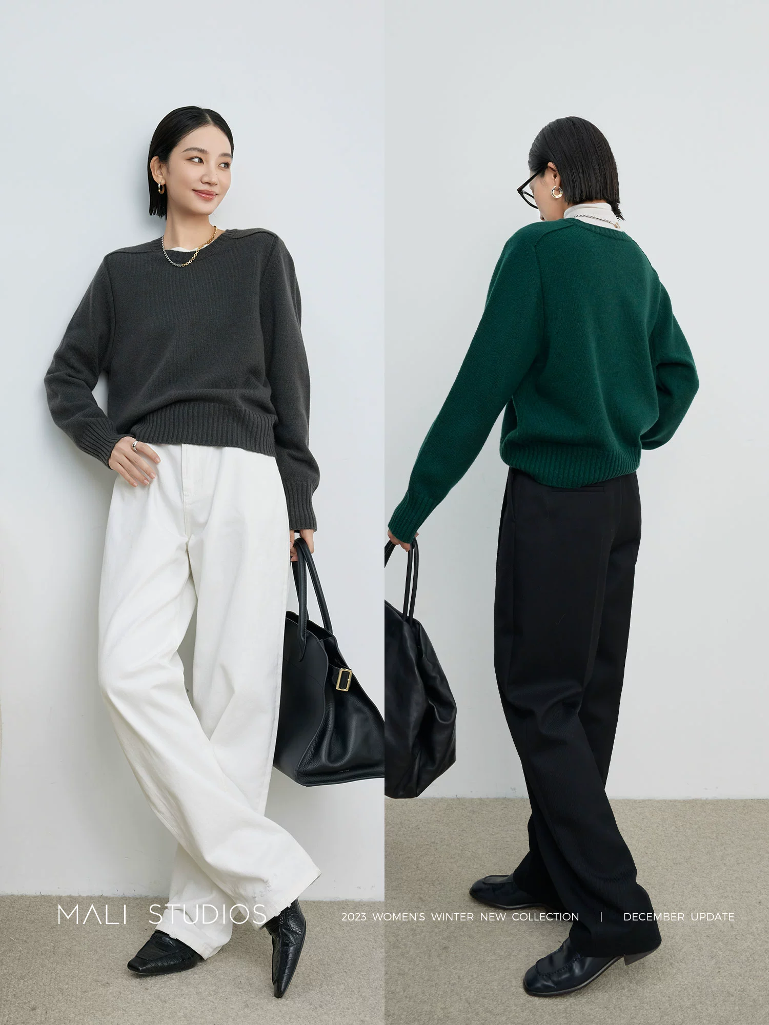 MALI|经典羊绒羊毛软糯温暖_宽松百搭直角肩圆领套头毛衣 - Image 5