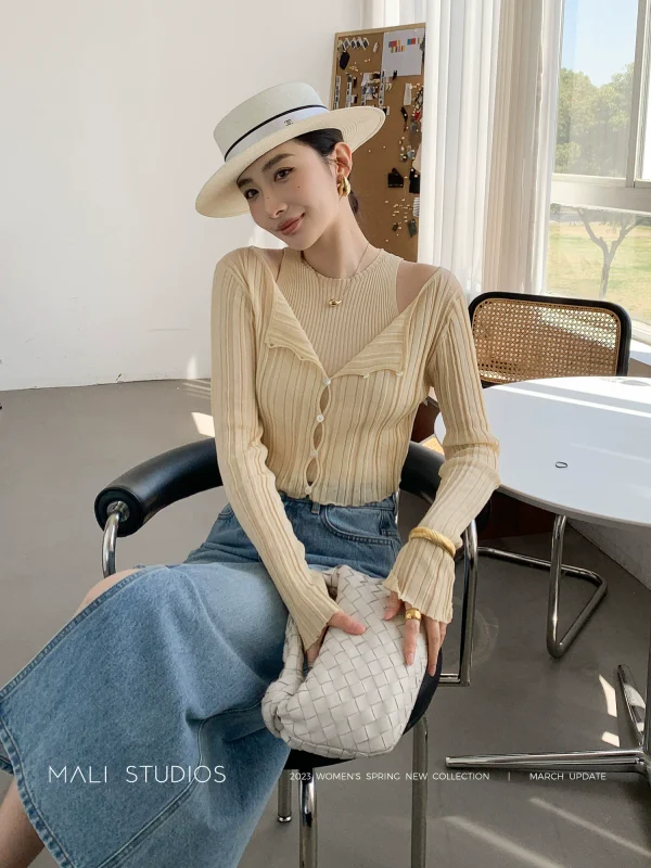 MALI|法式两件套_透视感坑条背心开衫夏季针织套装
