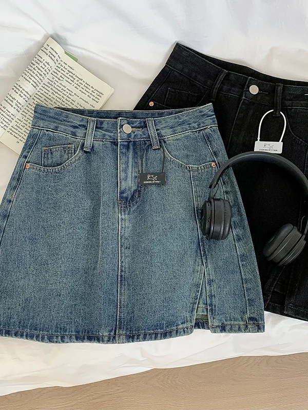 高腰显瘦半身裙2024夏季新款女气质时尚百搭开叉短款a字裙带内衬