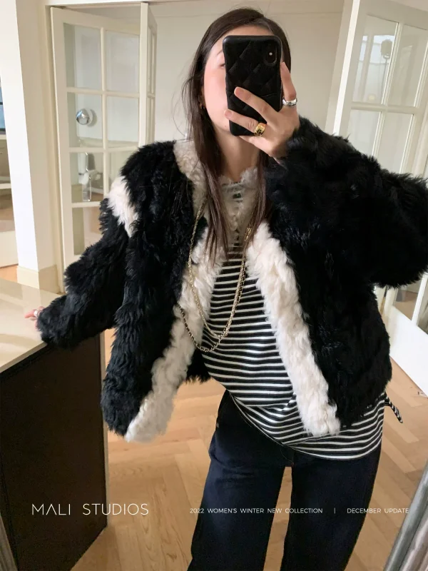 MALI|巴黎式复古时髦_进口托斯卡纳半卷CH@NEL风撞色皮草外套