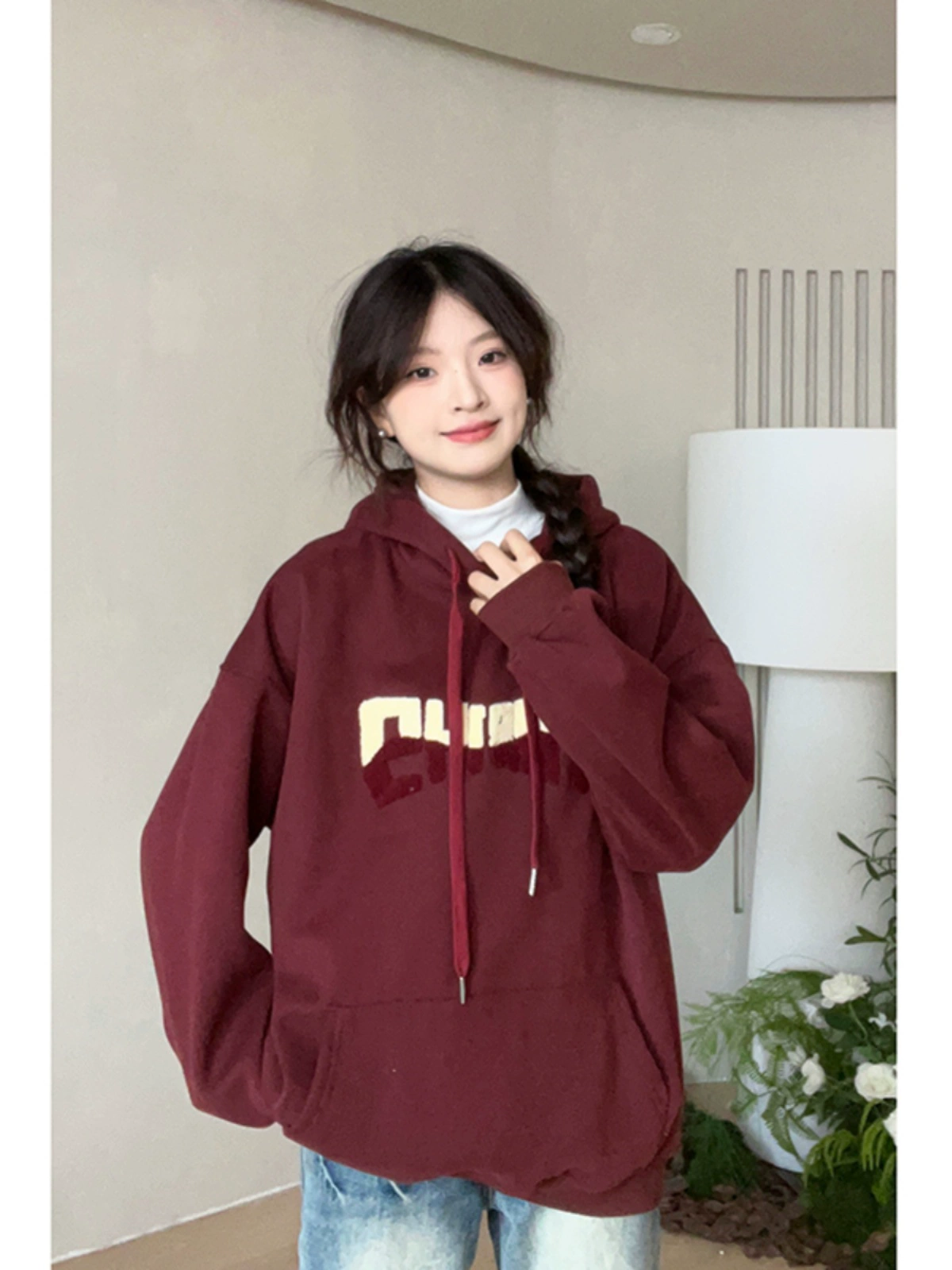 2024秋冬季华棉复合奥粒绒卫衣字母植绒连帽大口袋宽松外套上衣潮