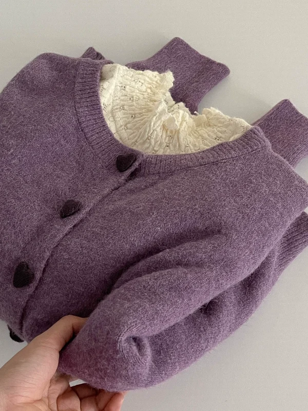 爱心纽扣紫色减龄针织衫2024秋季新款韩版女加绒磨毛立领打底衫潮