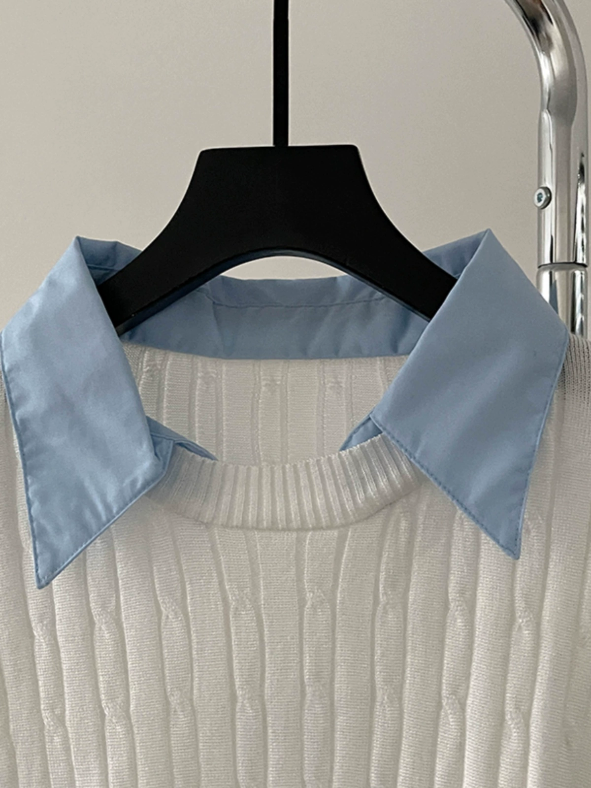 休闲个性撞色假两件长袖针织衫2024秋季新款韩版女装翻领宽松上衣 - Image 3