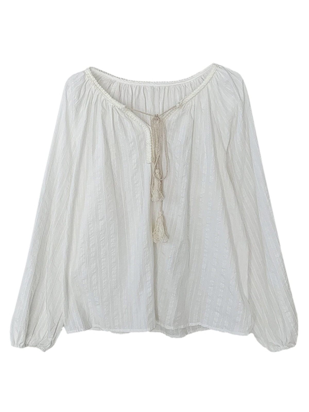 甜美流苏绑带宽松衬衫2024秋季新款女装日系设计感小众泡泡袖上衣 - Image 5