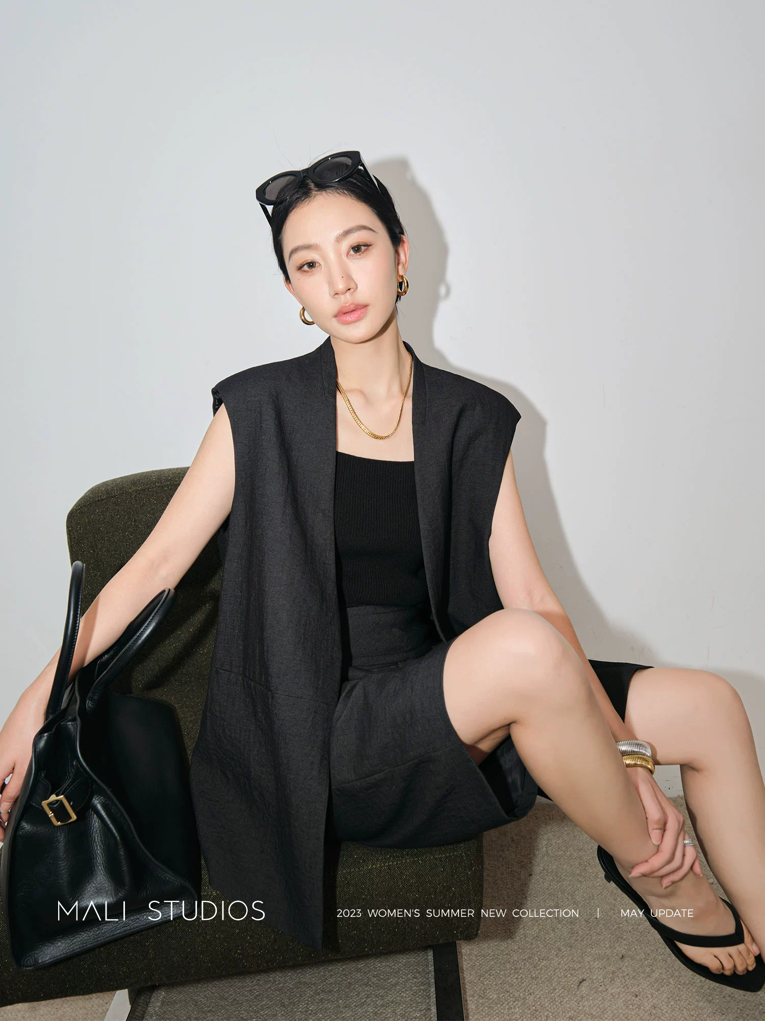 MALI|定制Viscose天然亚麻混纺_及简无领大廓形马甲宽腰封五分裤 - Image 4