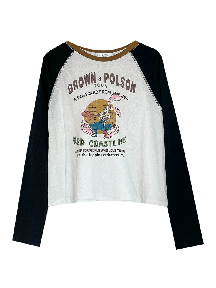 圆领撞色卡通印花T恤2024秋季新款女长袖简约套头洋气插肩上衣潮 - Image 5