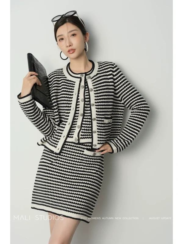 MALI|法式优雅香奶奶|进口和纸纱撞色条纹针织三件套