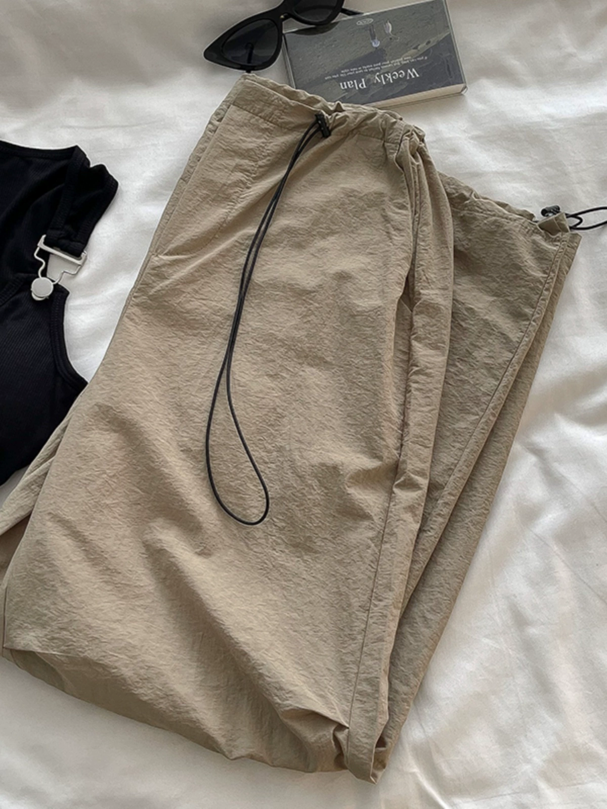 个性纯色抽绳束脚工装休闲裤2024秋季新款女装百搭速干宽松阔腿裤 - Image 5