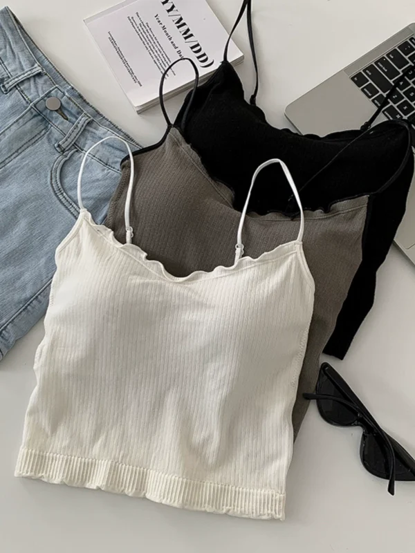 甜辣木耳边背心小吊带2024夏季新款女装短款修身无袖上衣带胸垫潮