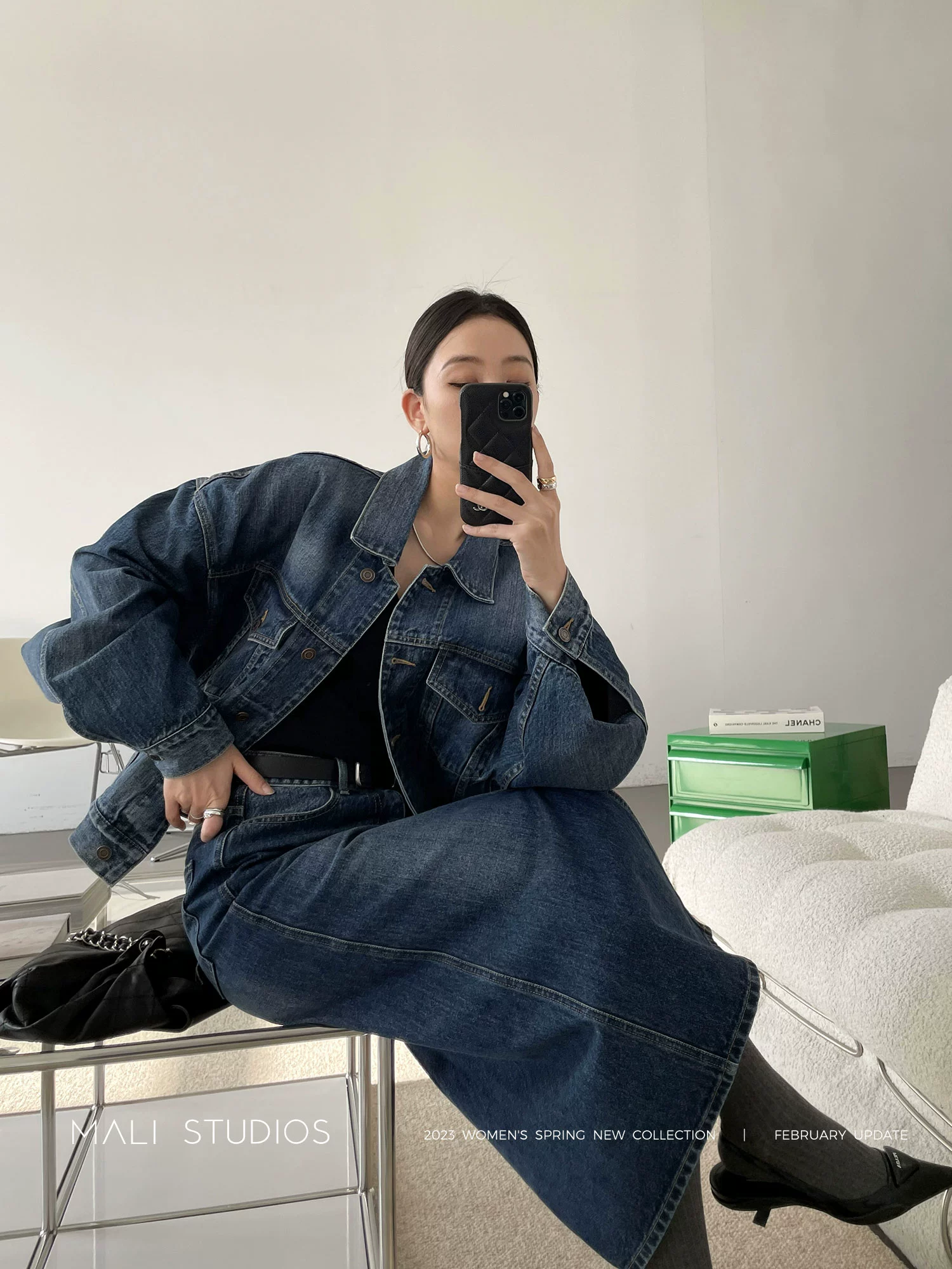 MALI|INS博主高街时髦_重磅牛仔独特染色工字褶廓形外套&半裙 - Image 3