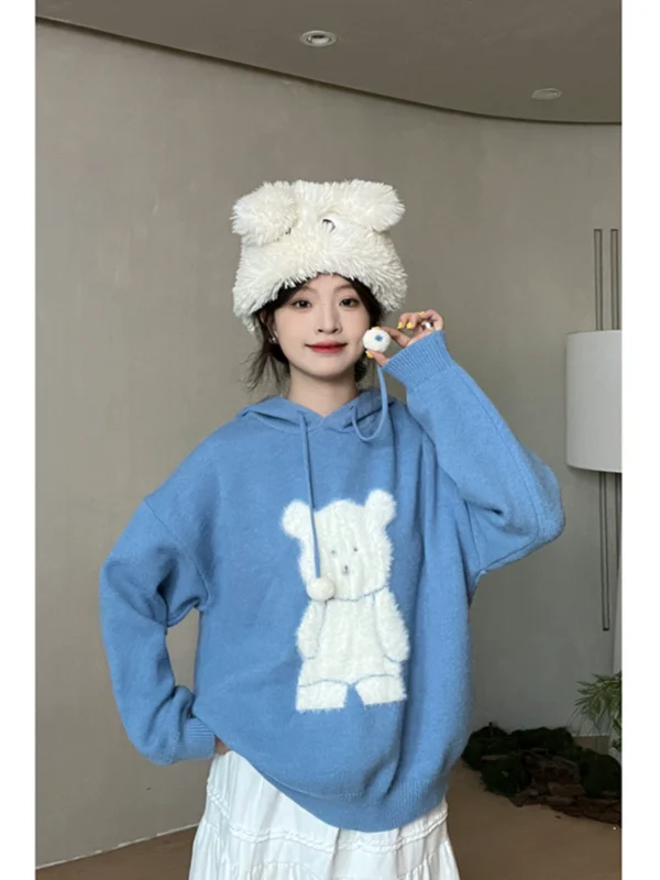 毛绒小熊宽松连帽柔软毛衣女2024新款秋冬卫衣设计感针织上衣外套