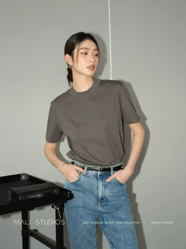 MALI2023新款圆领短袖T恤纯棉正肩白色黑色纯色百搭