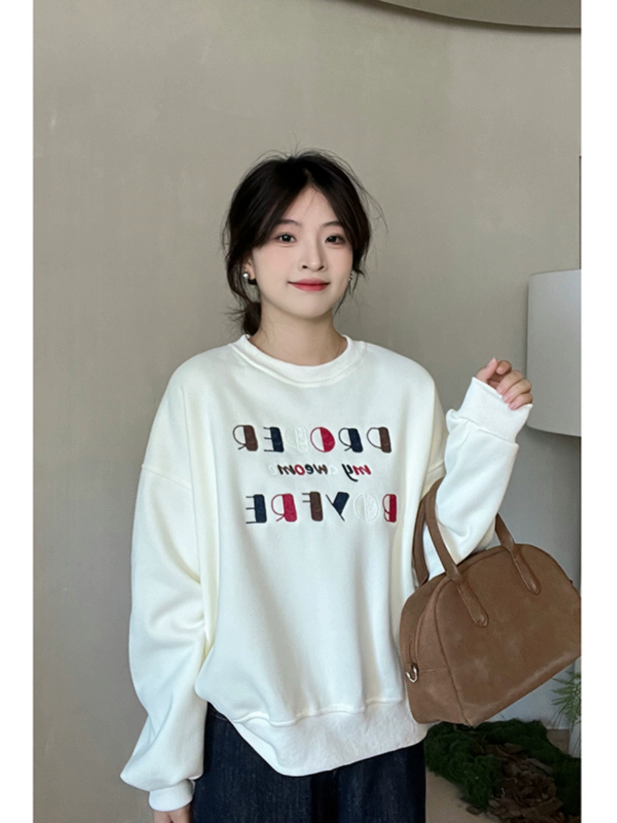 baby绒彩色字母刺绣卫衣2024秋冬新款韩版女长袖加绒圆领套头上衣 - Image 4