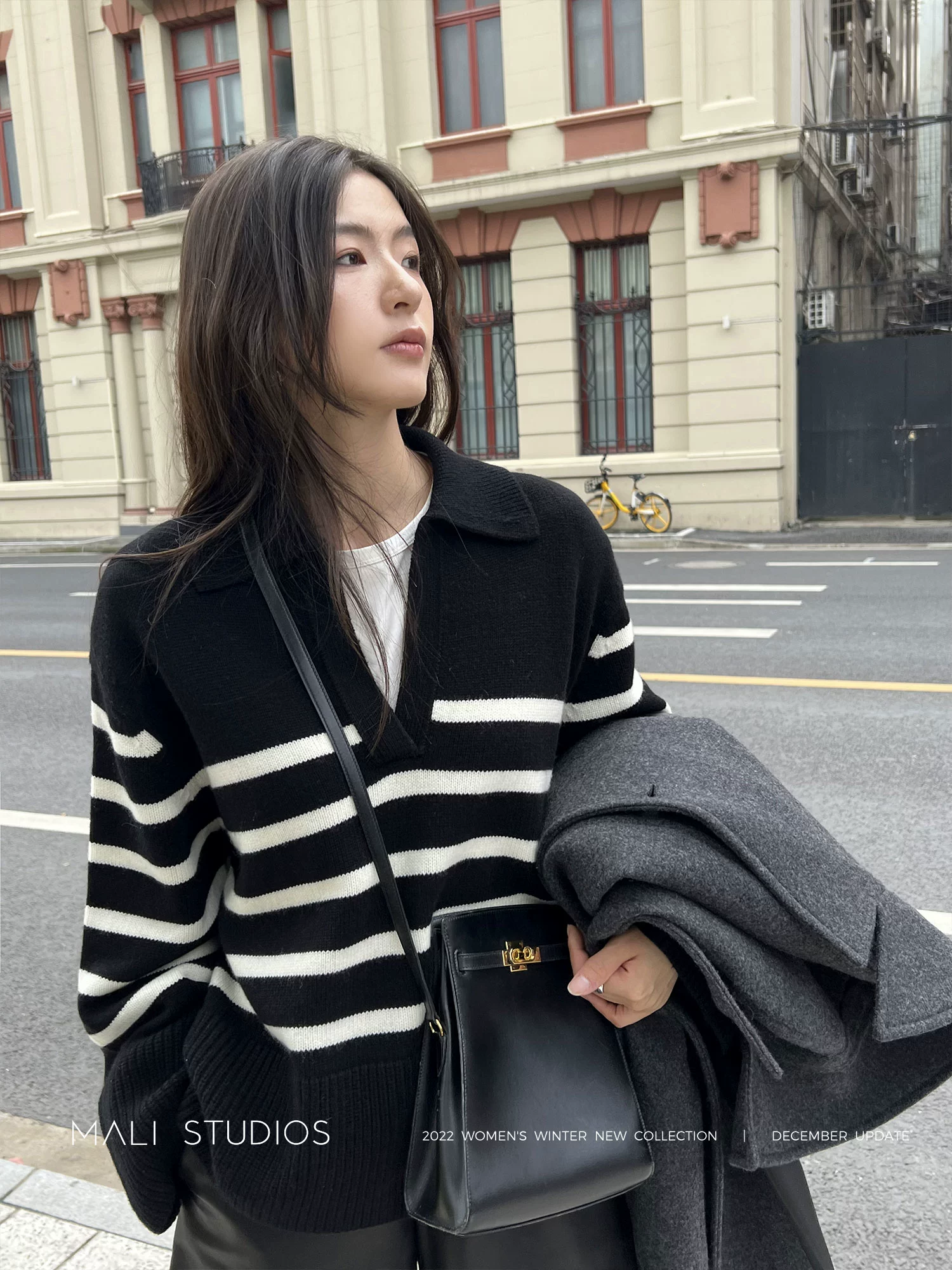 MALI|INS风法式条纹_超宽廓形POLO领时髦慵懒毛衣 - Image 4