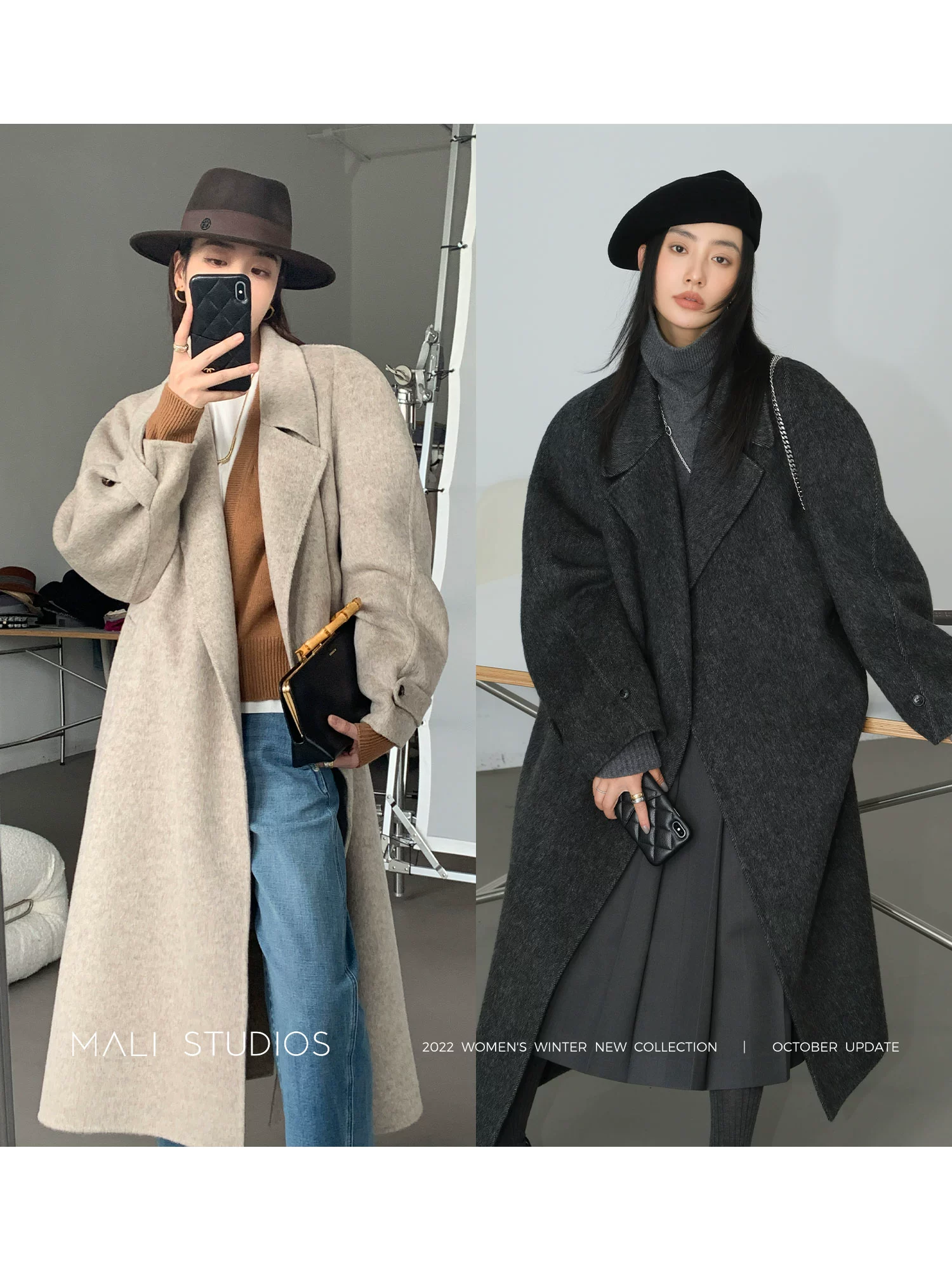 MALI|小众蕞时髦 羊毛真丝双面呢窄肩廓形羊腿袖大衣 - Image 5