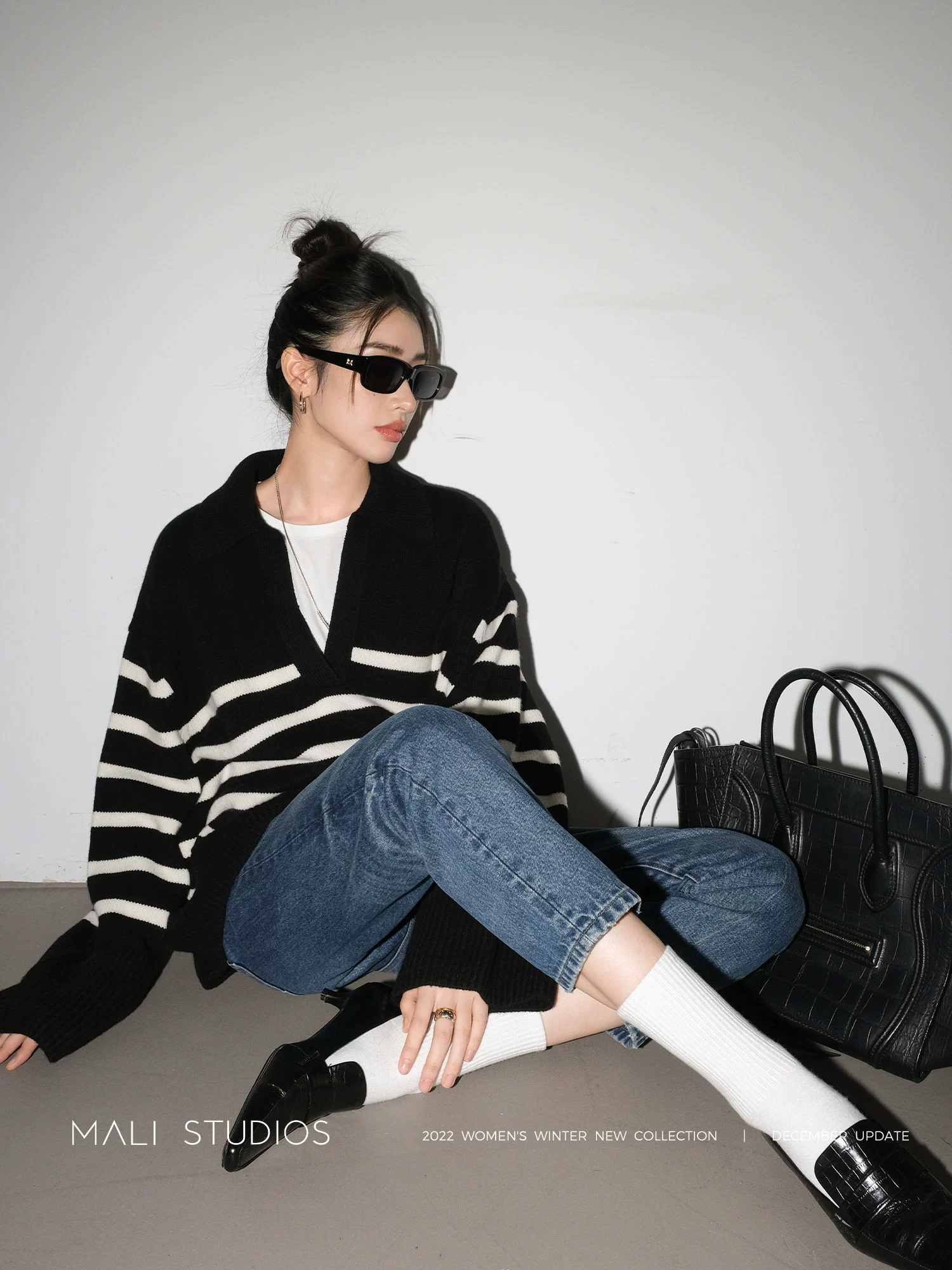 MALI|INS风法式条纹_超宽廓形POLO领时髦慵懒毛衣 - Image 2