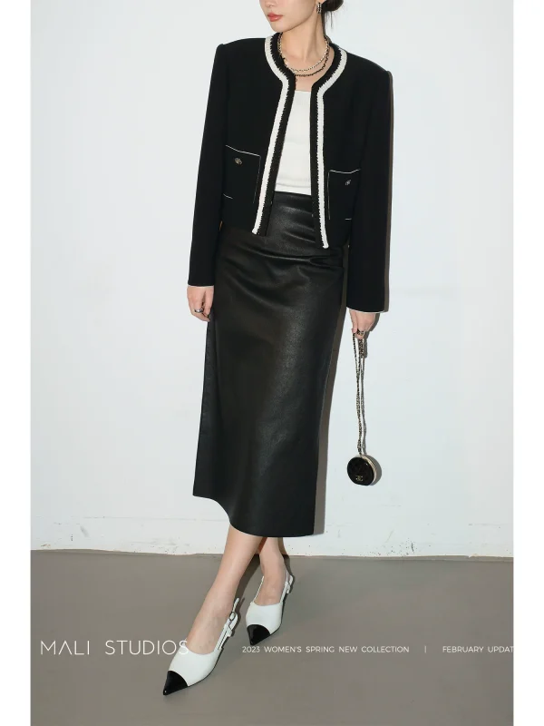 MALI|法国进口弹力小羊皮_时髦褶皱侧开衩高级感半身裙