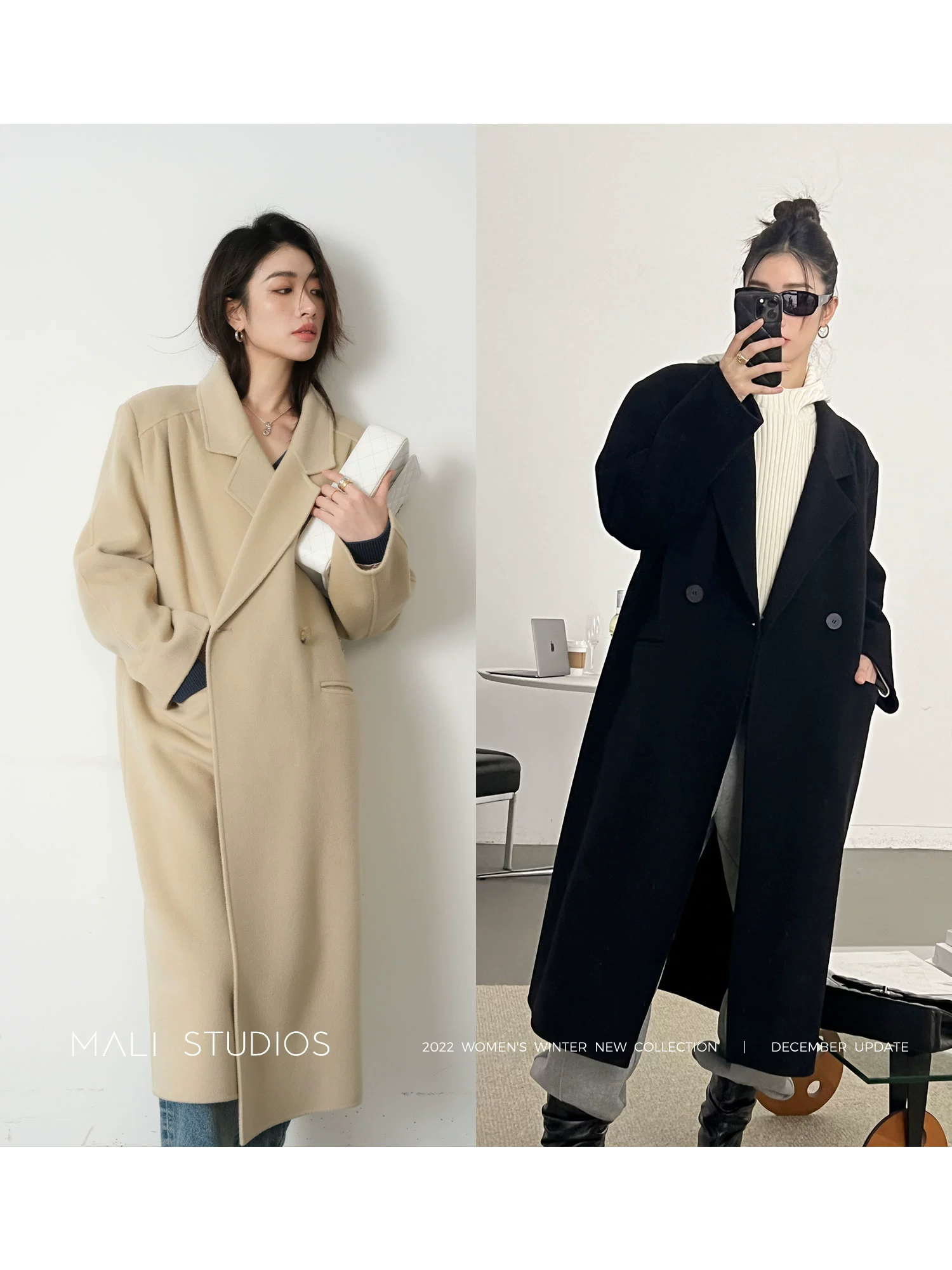 MALI|90年代VTG时髦宽肩_全羊毛双面呢压褶直身大衣 - Image 5