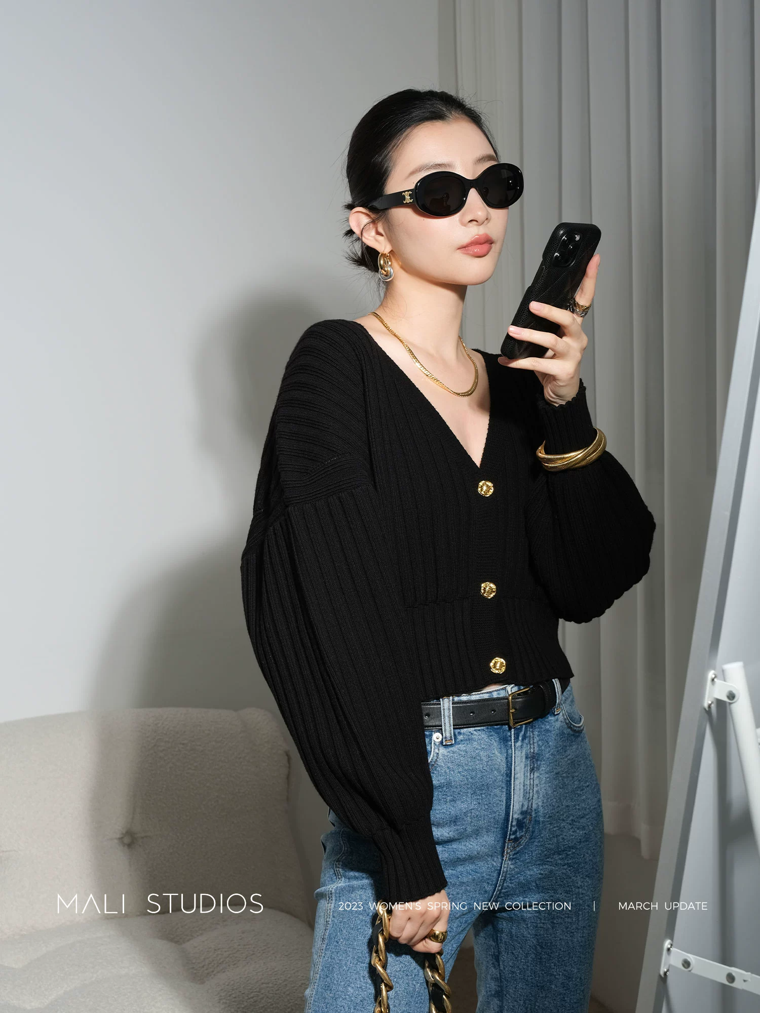 MALI|法式高级感_深V领细腰显瘦坑条纹截短上衣 - Image 3