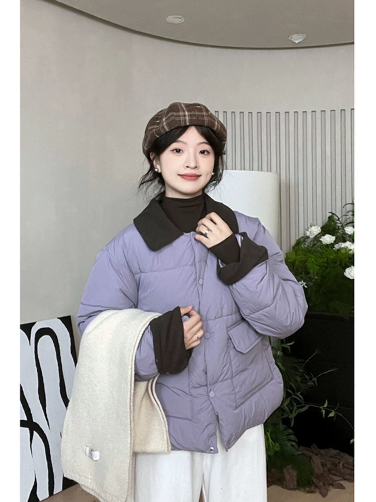 撞色拼接短款小个子棉服女装2024冬季新款宽松加厚棉衣面包服外套 - Image 3