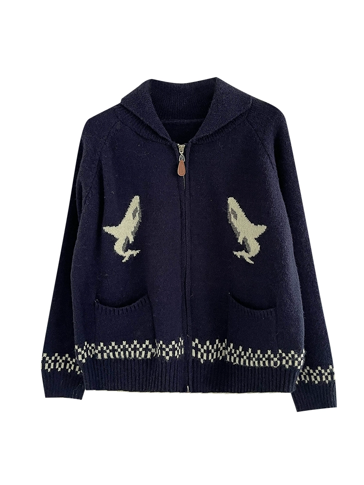 2024新款休闲复古宽松小海豚提花针织开衫女秋冬拉链毛衣外套女 - Image 5