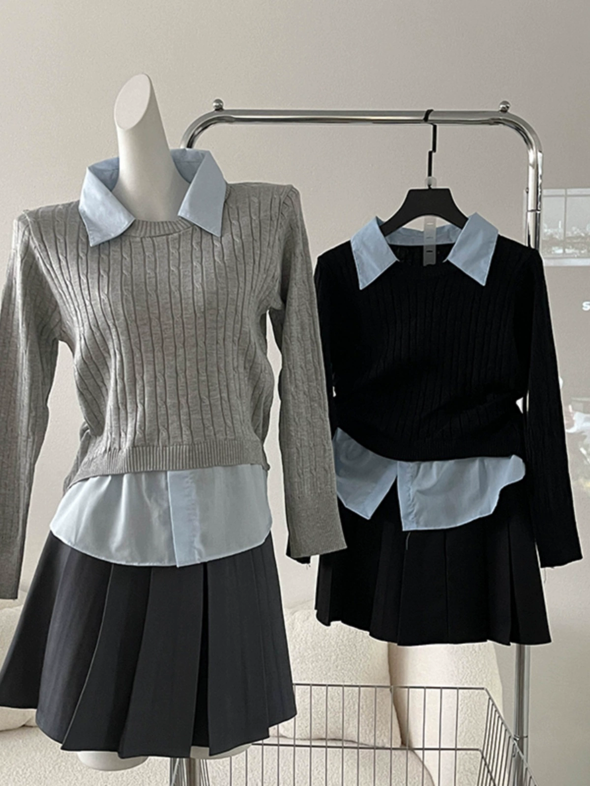 休闲个性撞色假两件长袖针织衫2024秋季新款韩版女装翻领宽松上衣 - Image 2