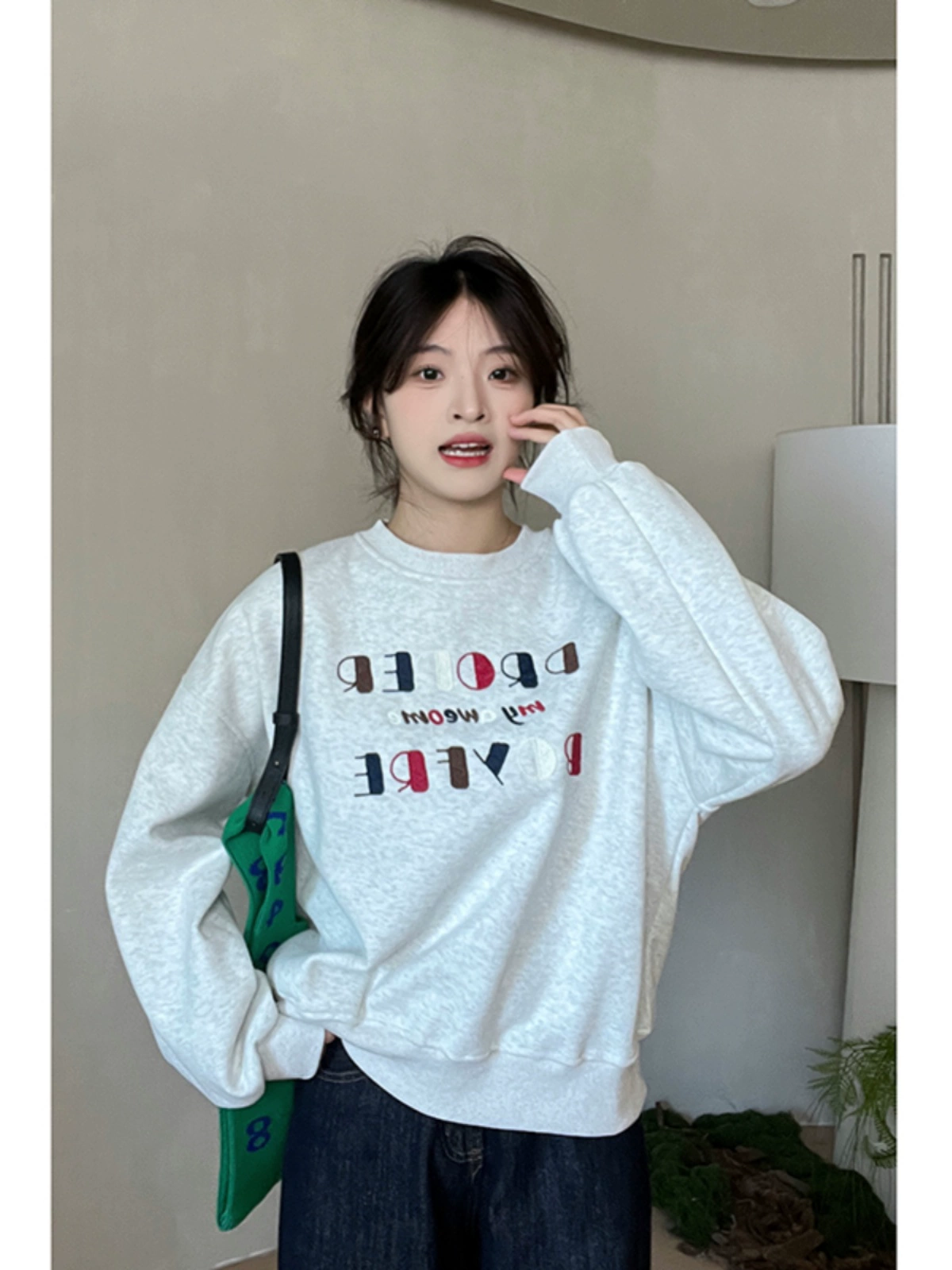 baby绒彩色字母刺绣卫衣2024秋冬新款韩版女长袖加绒圆领套头上衣 - Image 5