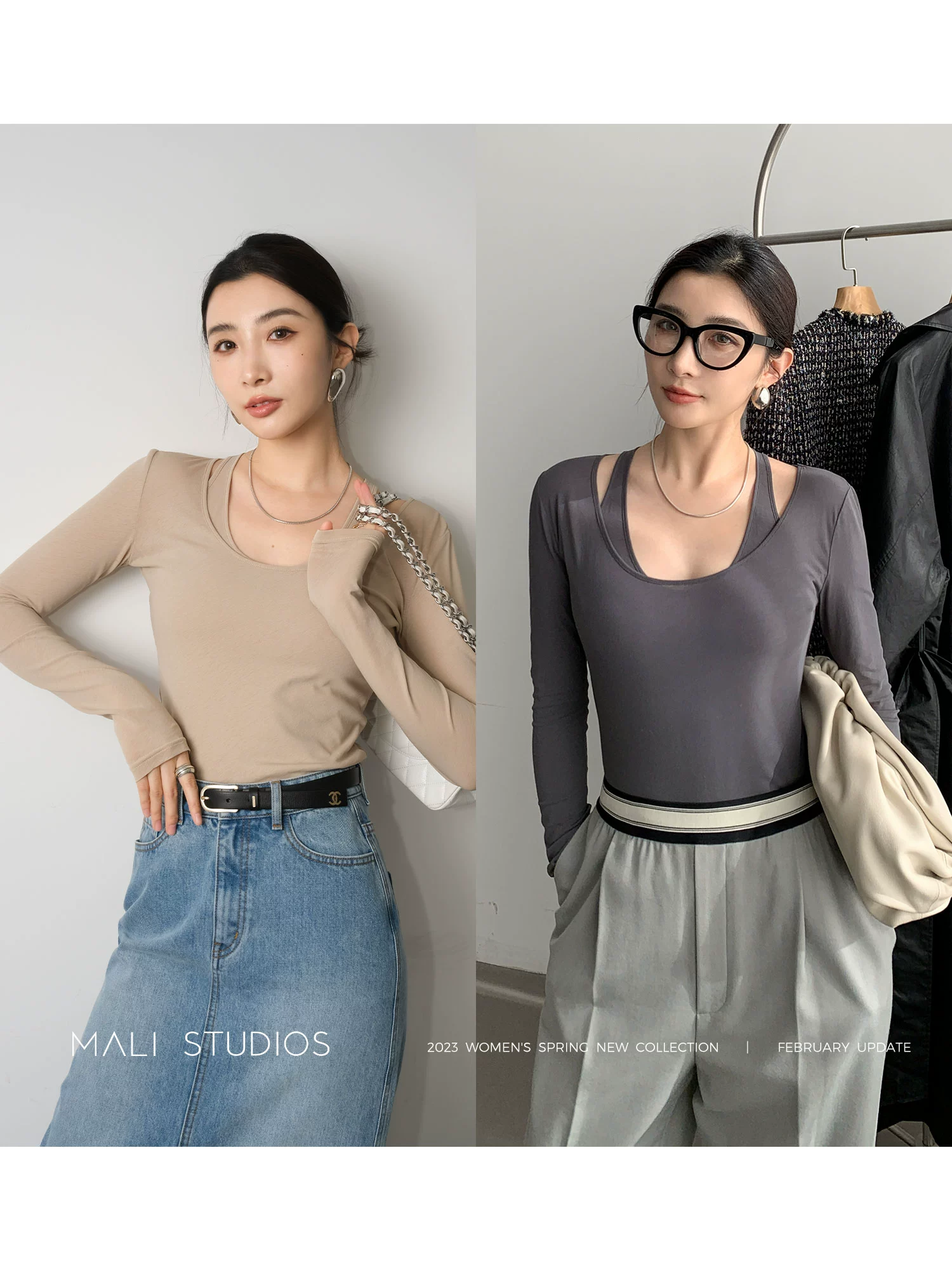 MALI|双层解构设计_强捻全棉针织微透假两件修身T恤 - Image 5