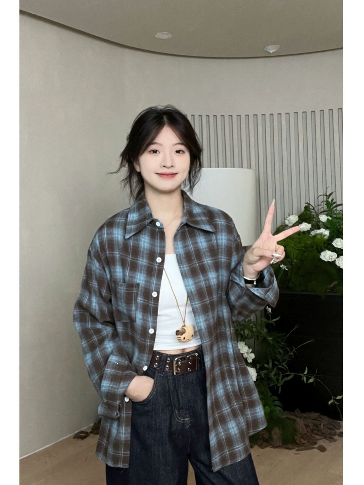 时尚休闲多色格子翻领衬衫2024秋季新款韩版女装撞色男友风开衫潮 - Image 4