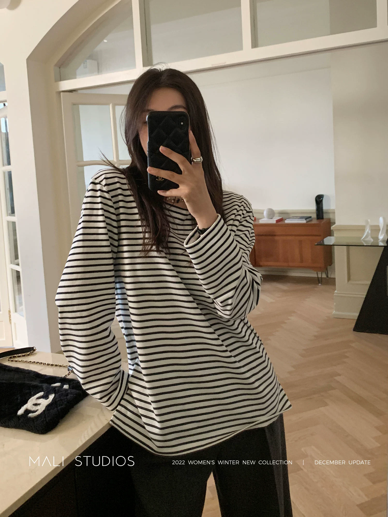 MALI|秋冬260G加厚棉_法式经典黑白条纹船领T恤 - Image 4